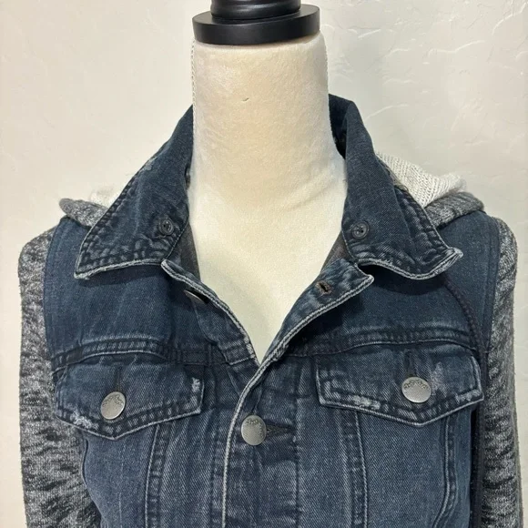 Free People Distressed Denim Jean Knit Sweatshirt Hoodie Jacket size XS - Picture 7 of 13